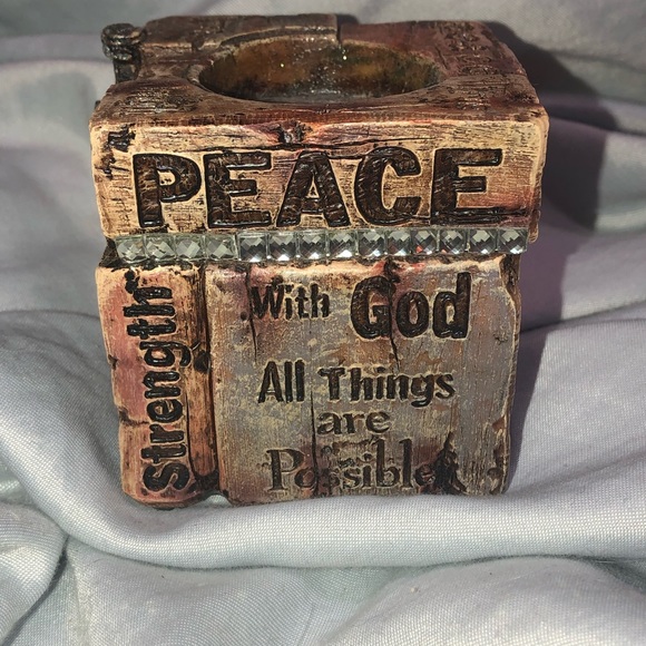 Candle holder cube Cross Jesus 4 sided Peace Strength Love Trust Faith Hope - Picture 2 of 8